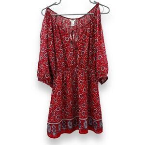 Forever 21 Red & White Paisley‎ Print Cold Shoulder 3/4 Sleeve Mini Dress Sz S